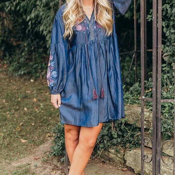 Umgee Babydoll S Blue Tencel Embroidered Boho Peasant Dress Balloon Slv Cottage - Picture 1 of 11